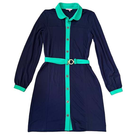 Lilly Pulitzer Dresses & Skirts - Lilly Pulitzer Knit Long Sleeve Dress Size Medium Belt Blue Green Gold Career